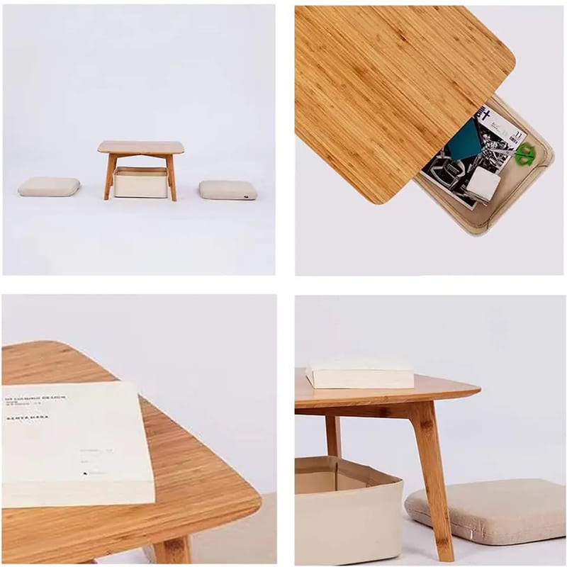 Una mesa de té baja se encuentra en el piso de una mesa cuadrada de tatami muebles de bambú