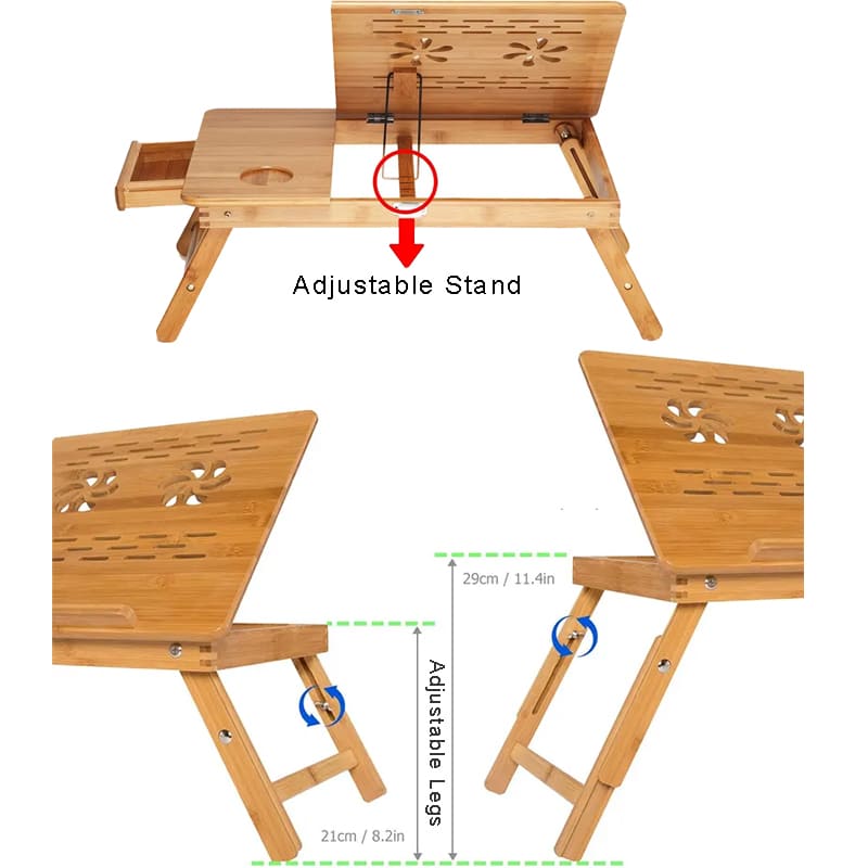 Bandeo de laptop de bambú plegable grande con cajón de cajón de piernas ajustables de altura