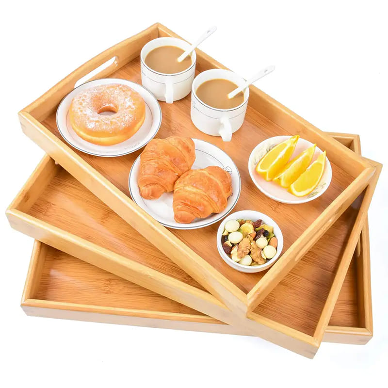 Bandeja de servicio de 3 piezas Bandeja de comida de cocina con mango de bandeja de bambú (1)