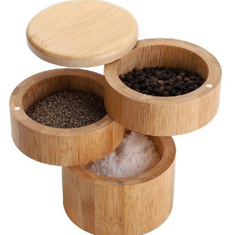 Caja de sal de bambú de 3niveles, caja de especias de bambú con magnético