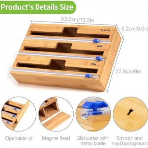 3 en 1 Dispensador de envoltura con cortador, envoltura de plástico, papel de aluminio y dispensador de papel de cera para el cajón de la cocina, soporte del organizador del rollo de bambú, compatible con rollo de 12 \\\\ \\\