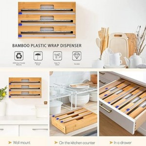 3 en 1 Dispensador de envoltura con cortador, envoltura de plástico, papel de aluminio y dispensador de papel de cera para el cajón de la cocina, soporte del organizador del rollo de bambú, compatible con rollo de 12 \\\\ \\\