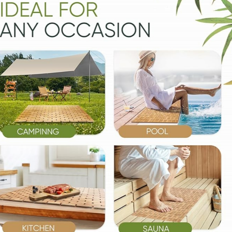 Alfombra de baño de bambúnatural, alfombra de ducha de bambú sin deslizamiento, alfombra de baño de madera plegable impermeable para bañera