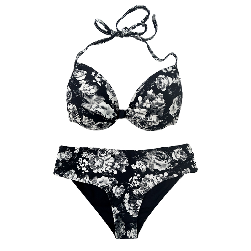 Correa de halter floral en blanco ynegro impreso Trazo de dos piezas de cintura alta