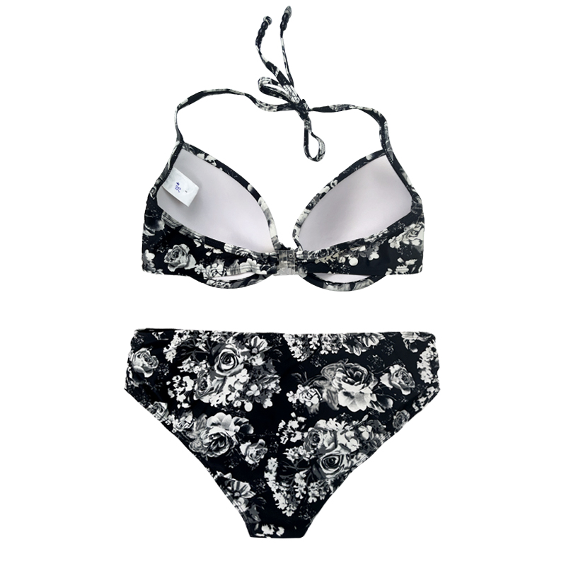 Correa de halter floral en blanco ynegro impreso Trazo de dos piezas de cintura alta