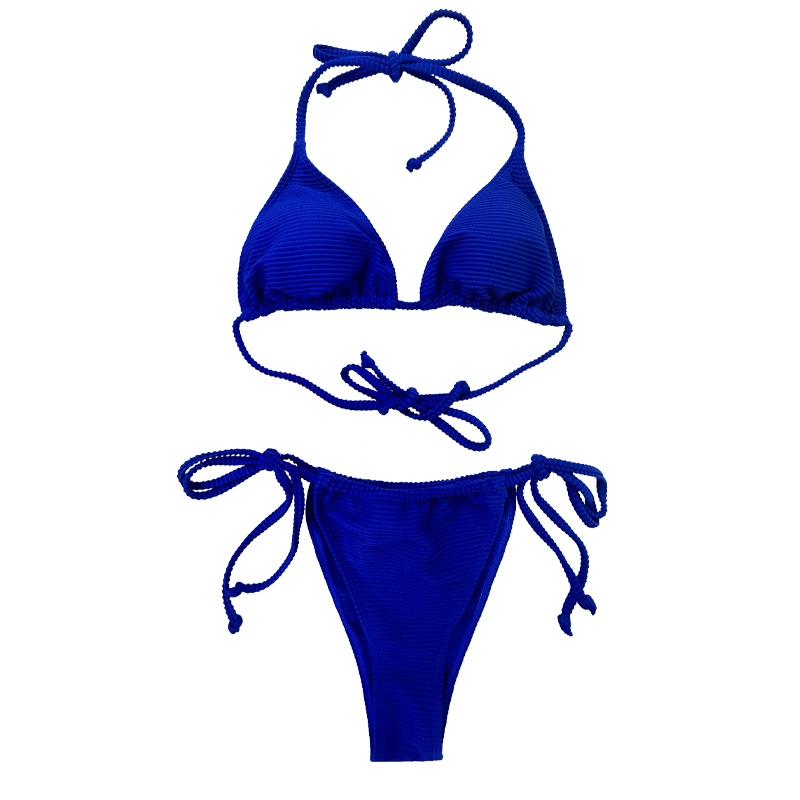 Prusia Blue Halter Strap Sexy Triangle Cup Swimsuit de dos piezas