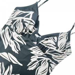 Chaleco de cordón con cordón de cordón plisado de hoja verde con cuello en V impresa traje de baño de dos piezas