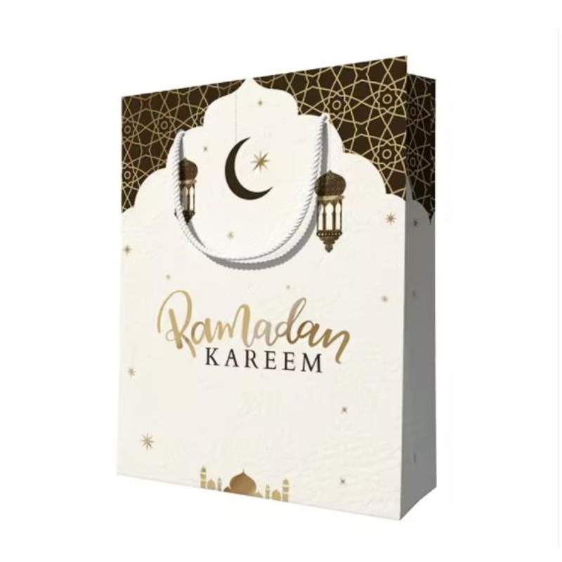 Diseño personalizado Reutilizable Eid Mubarak Ramanda Muslina Festival Islámico Compras Papelado de papel Bolsas de regalo con manijas