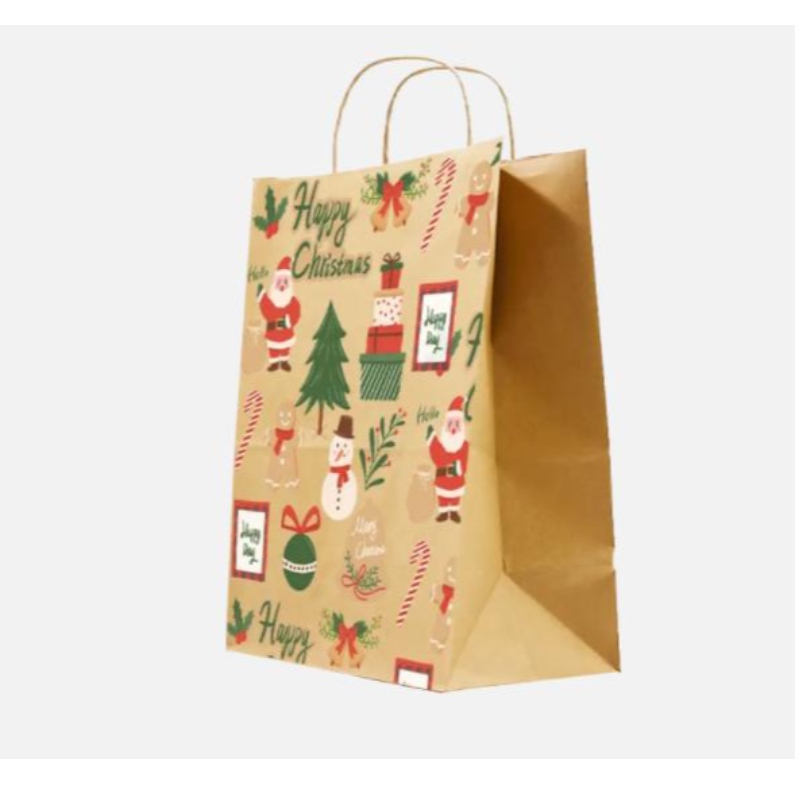 Bolsas de papel de Navidad marrón con manijas retorcidas bolsas de regalo festivas personalizadas con bolsas de papel al por mayor de insignia