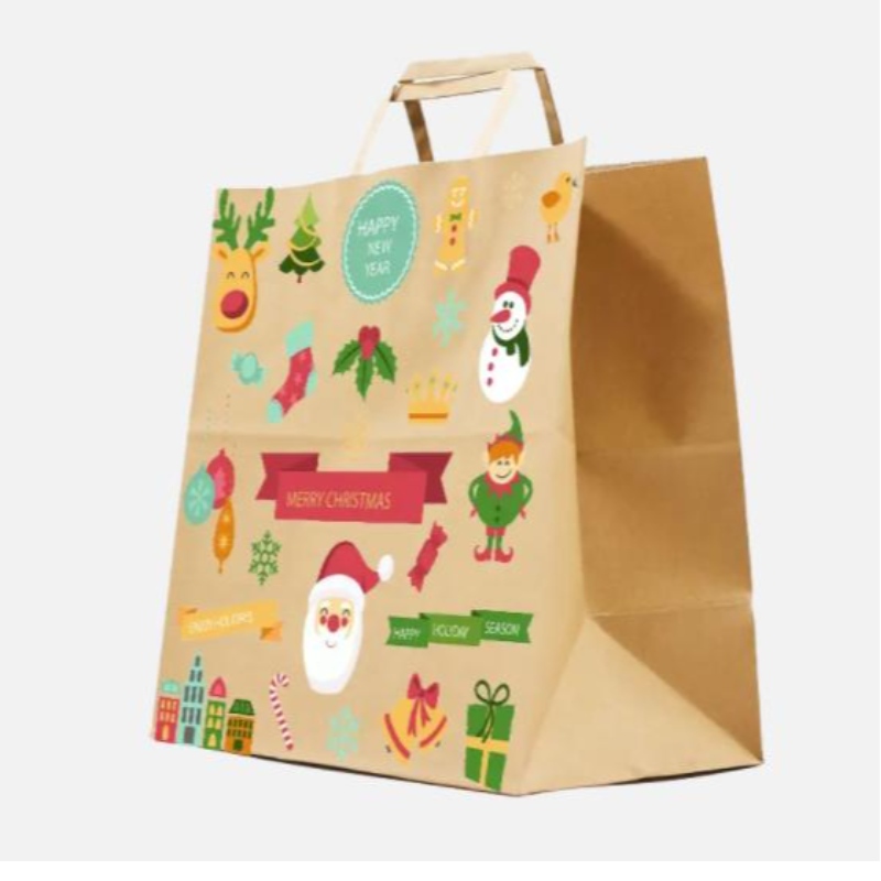 Bolsas de papel de Navidad marrón con manijas retorcidas bolsas de regalo festivas personalizadas con bolsas de papel al por mayor de insignia