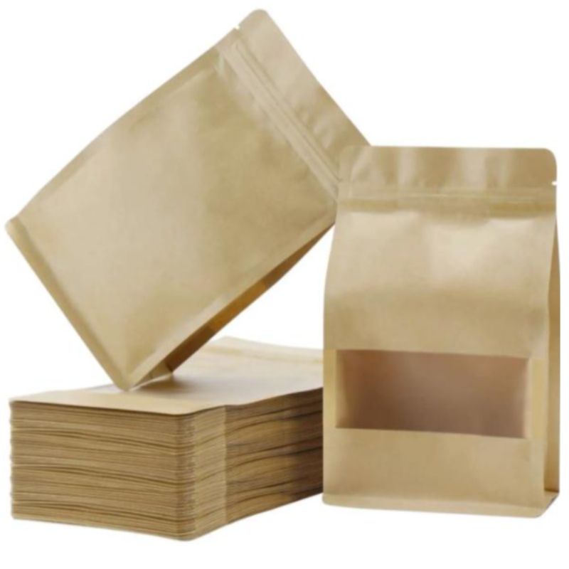 Papel de pie marrón marrón marrón Kraft Repealable Zipllock Sellable Almacenamiento de alimentos Sellable Doypack bolsas de embalaje con ventana transparente