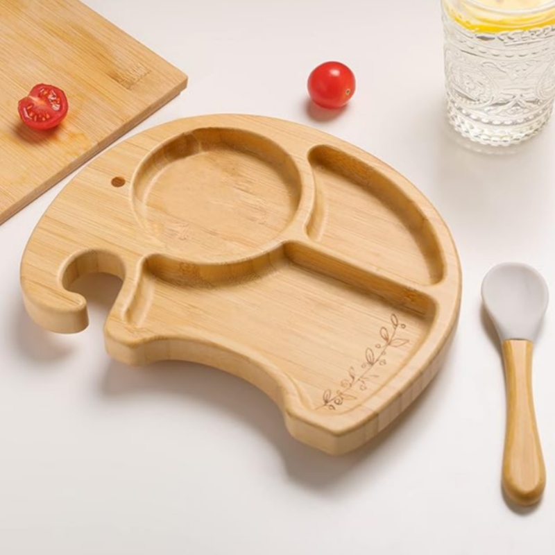 Tazón de plato de elefante de bambú y cuchara paraniños paraniñosniños pequeños, plato de succión
