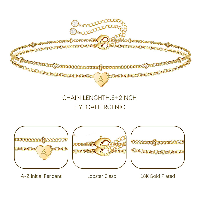 Pulsera Hongde Golden Heart Letra A chapada en oro de 18 quilates-Pulsera con inicial Z Pilas de pulseras de corazón