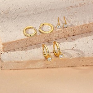 Juego de 3 pares de pendientes de aro de oro: delicados pendientes de tuerca, pequeños y modernos chapados en oro de 14 quilates, hipoalergénicos, colgantes para cartílago, pendientes de aro para mujer, joyería de oro para mujeres yn...