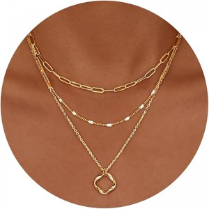 Doble Minimalista-Collar de capa chapado en oro de 4 quilates, collar de gargantilla con colgante de cadena con clip de círculo de moda, conjunto de joyas con lazo cruzado de diamantes de oro simple, regalos para mujeres