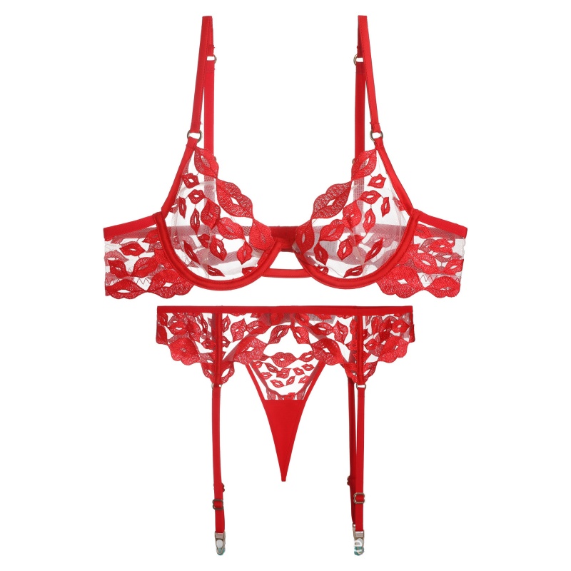 Lencería sexy - ultra-delgado, con bordados de labios rojos y encaje. Él\Es un sujetador para senos grandes que los hacen parecer más pequeños y evita el precio de flacidez W7229:$219.99
