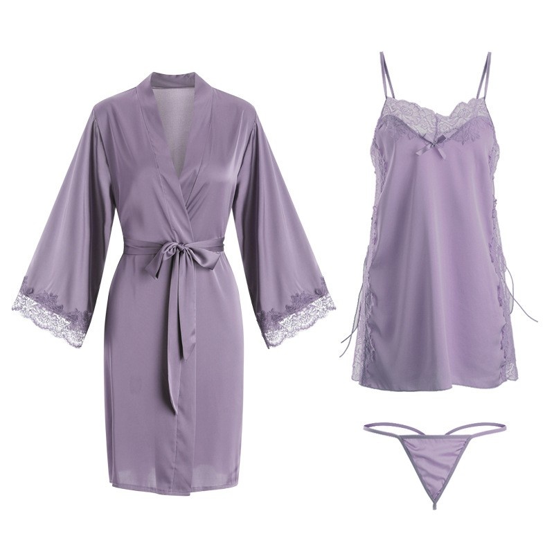Encaje sexy y cómodo-Camisón satinado con paneles, puro y seductor con correas laterales y correas de corbata, combinadas con una bata, una ropa de referencia: 542 Precio:$149.99