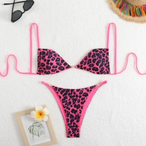 Sexy Leopard Pint Halter Bikini traje de baño para mujeres, exudando una sensación de lujo. Adecuado para la playa y las aguas termales. Al otro lado de-Artículo de traje de baño de borde Qt25055 Precio:$79.99