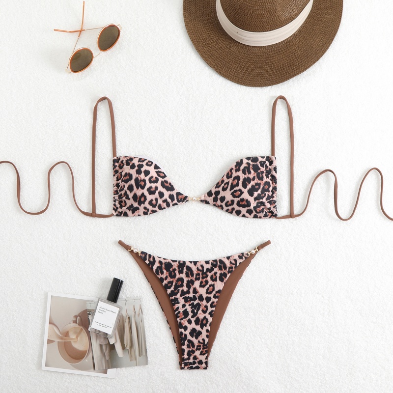Sexy Leopard Pint Halter Bikini traje de baño para mujeres, exudando una sensación de lujo. Adecuado para la playa y las aguas termales. Al otro lado de-Artículo de traje de baño de borde Qt25055 Precio:$79.99