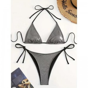 Nuevo 2025 europeo y americano-estilo sólido-color atado sexy dos-Traje de baño para mujeres. Tres-Piece Beach Bikini en color metálico 8865 Precio:$79.99