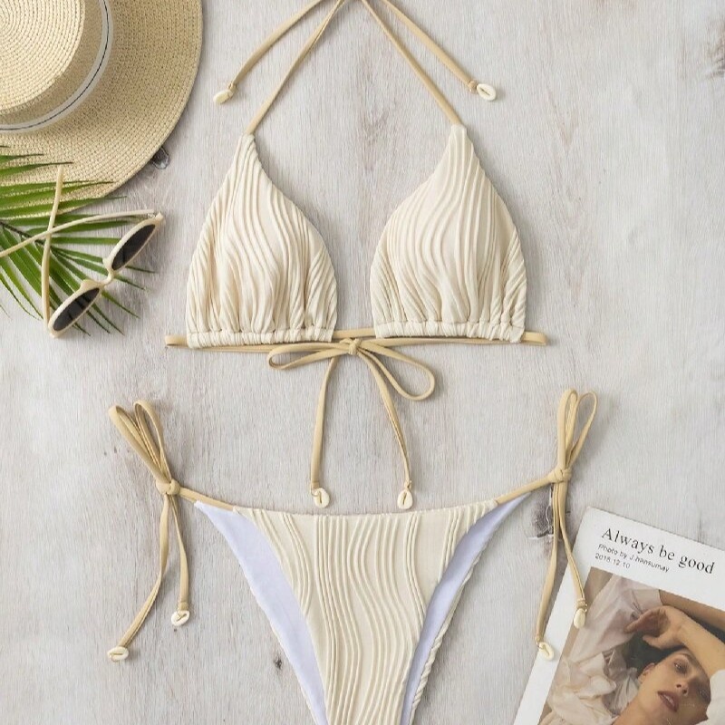 2025 sólido de comercio exterior europeo y estadounidense-color atado dos-pieza sexy bikini para mujeres, tres-Trazo de baño para chicas calientes 8940 Precio:$79.99