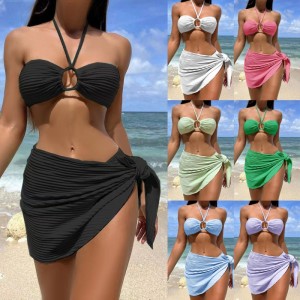 Sexy bikini traje de baño tres-pieza colocada con una falda transparente, cabestro-Estilo del cuello, traje de baño de color sólido para mujeres, disponible en stock y múltiples colores SY816 Precio:$79.99