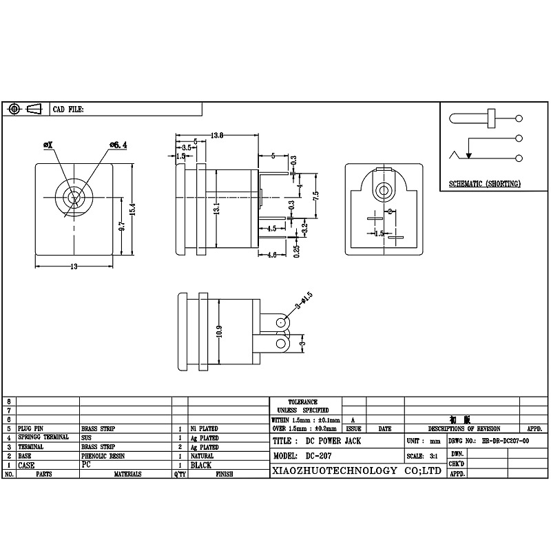 DC Socket DC-207, Socket de audio de inserción directa, dos-Pin de cobre