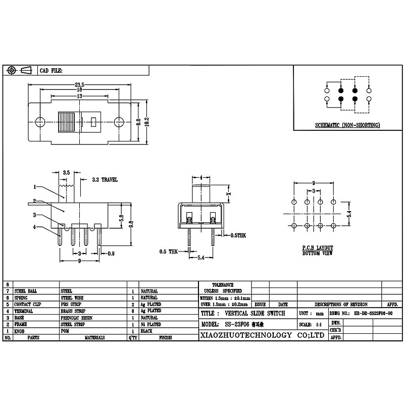 Interruptor de deslizamiento SS23H25 juguetes, electrodomésticos, auriculares, equipo de audio, interruptor de deslizamiento, alta corriente, interruptor de deslizamiento vertical