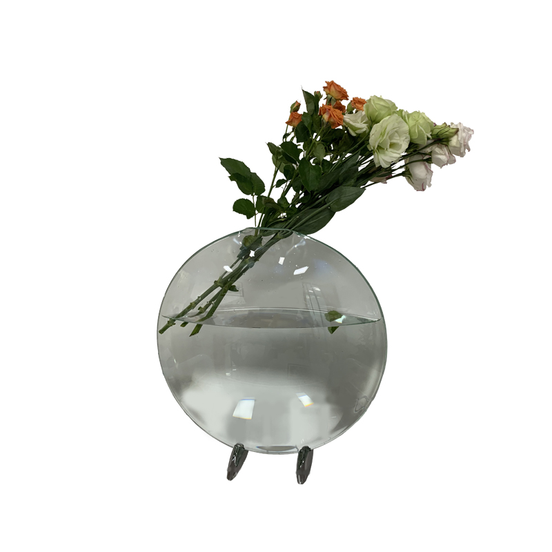 Zhongtai de acero inoxidable forma de boca de pescado curvado redondo alto-Jarrón de transparencia con base de metal de 23 cm para arreglos florales