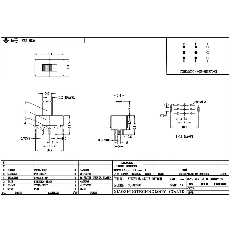 interruptor de deslizamiento SS32F07 dos-Interruptor de deslizamiento de posición, tres-encabezar-fuera del lado-posición dos-Posición Slide Micro Mini Interruptor electrónico