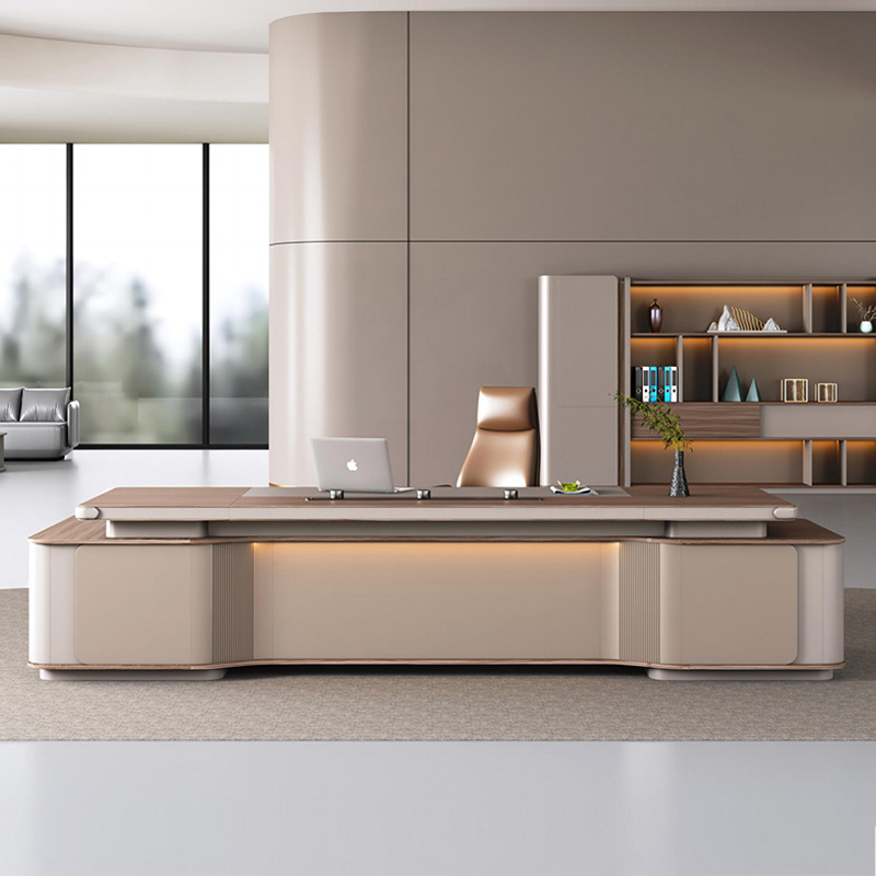 Modelo: DBT005 Voz Moderna-Escritorio y gabinete combinados Boss con tira de luz de control, enchufe multifuncional, escritorio de oficina Boss elegante y de lujo ligero.